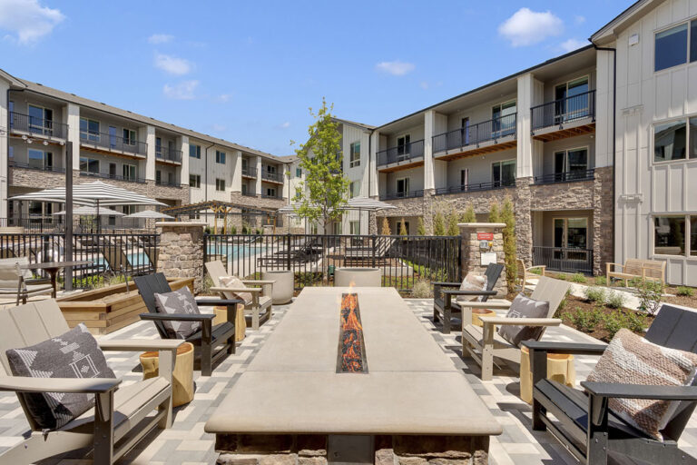 cobble on exterior of apartment complex and on outdoor patio