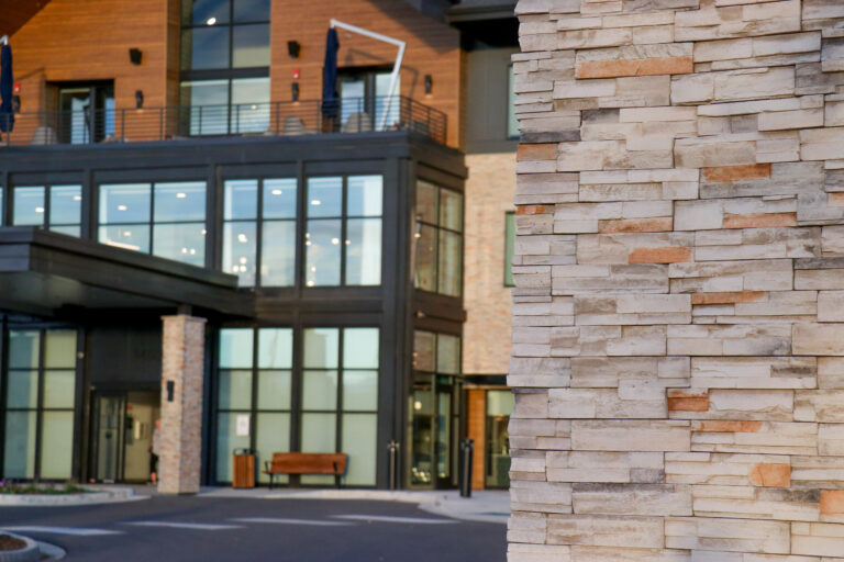 stacked stone on exterior of the gallery of broomfield