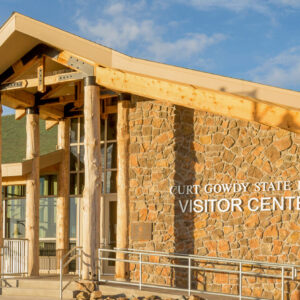 moss stone on exterior of curt gowdy state park visitor center