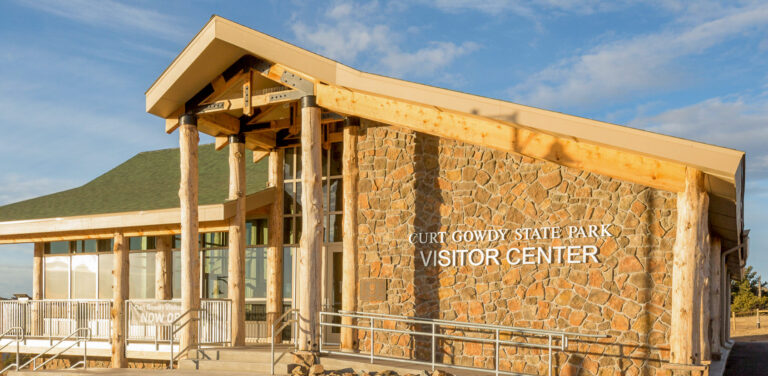 moss stone on exterior of curt gowdy state park visitor center