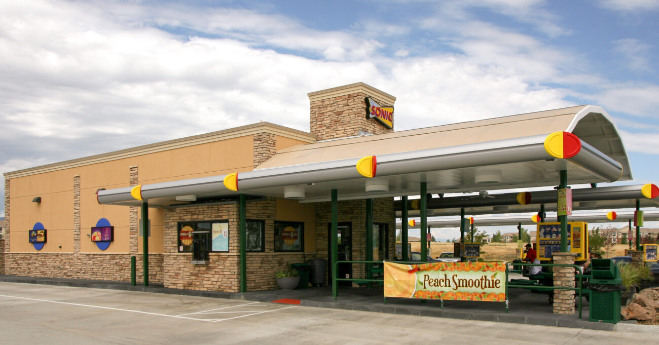 sonic exterior with ledge stone veneer