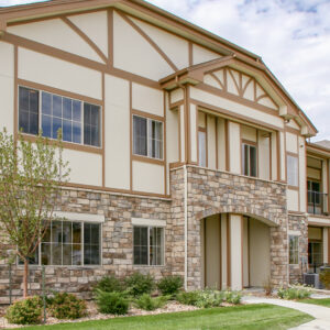 ledge stone veneer on exterior of condominium