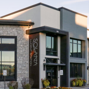 limestone on exterior of solana lucent station apartment complex