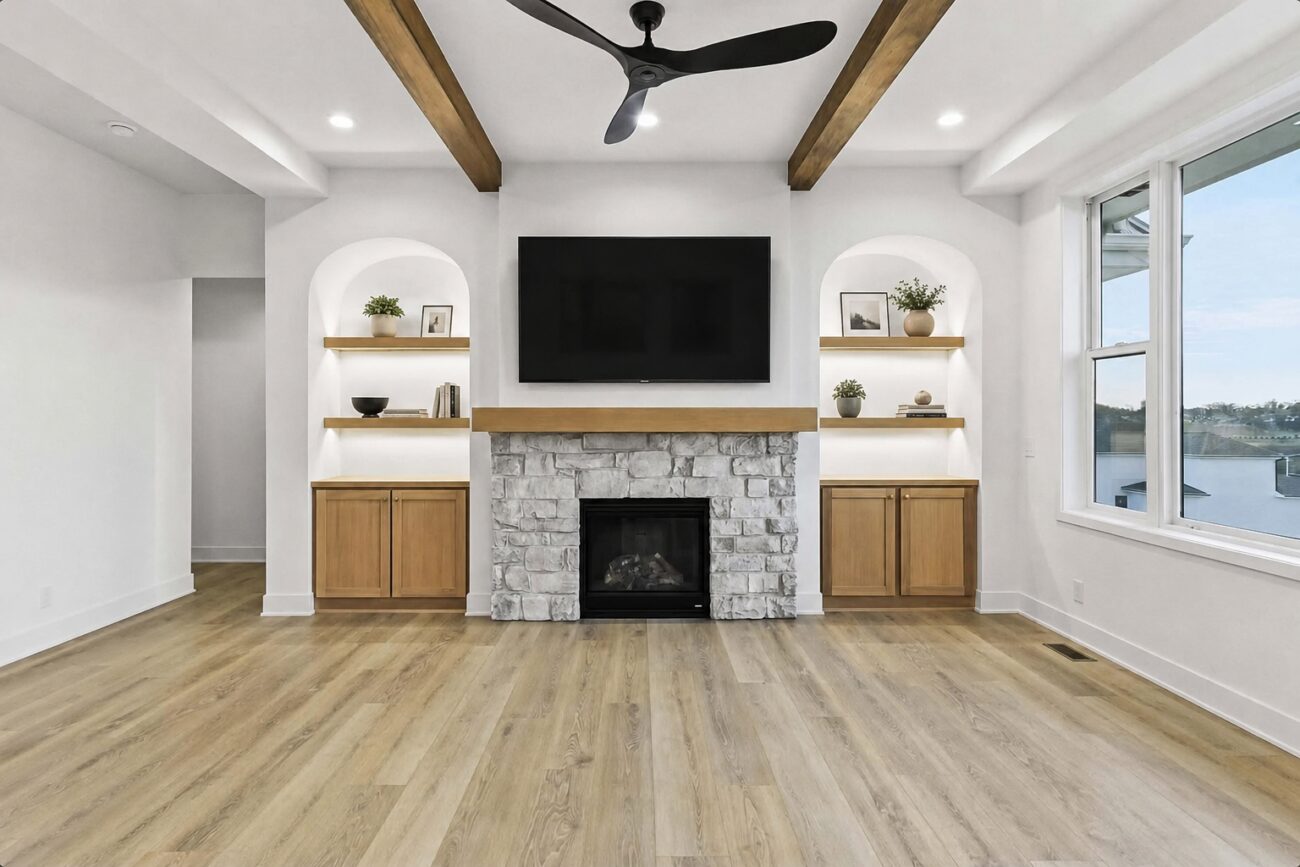 glacier cobble veneer on interior of a home on fireplace
