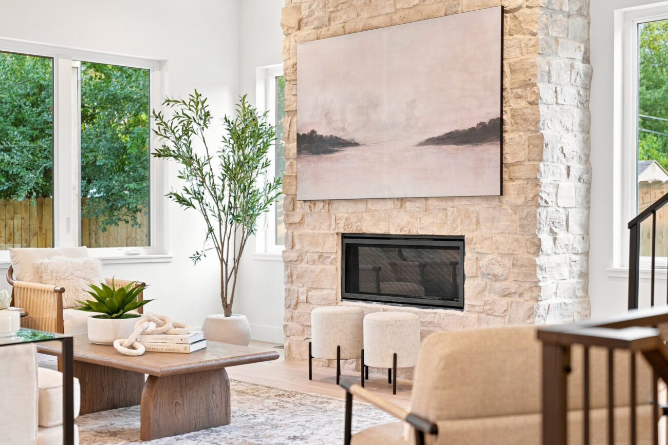 interior fireplace with marcona cobble stone veneer