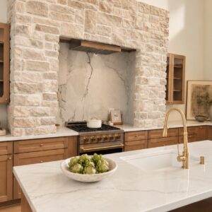 marcona cobble application around kitchen stove hood