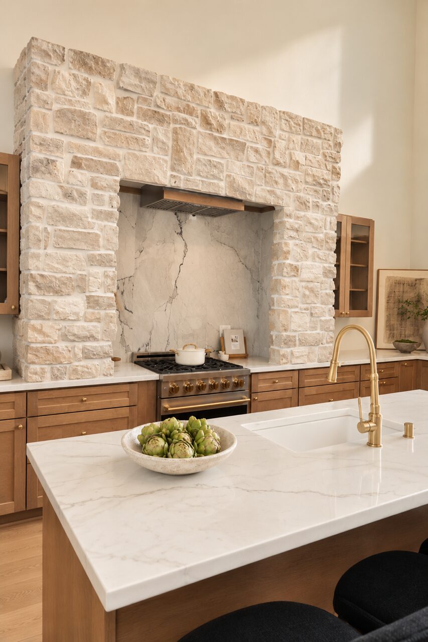 marcona cobble application around kitchen stove hood